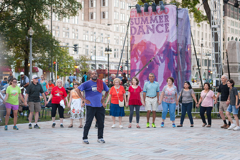 Instructor and participants at SummerDance in Grant Park