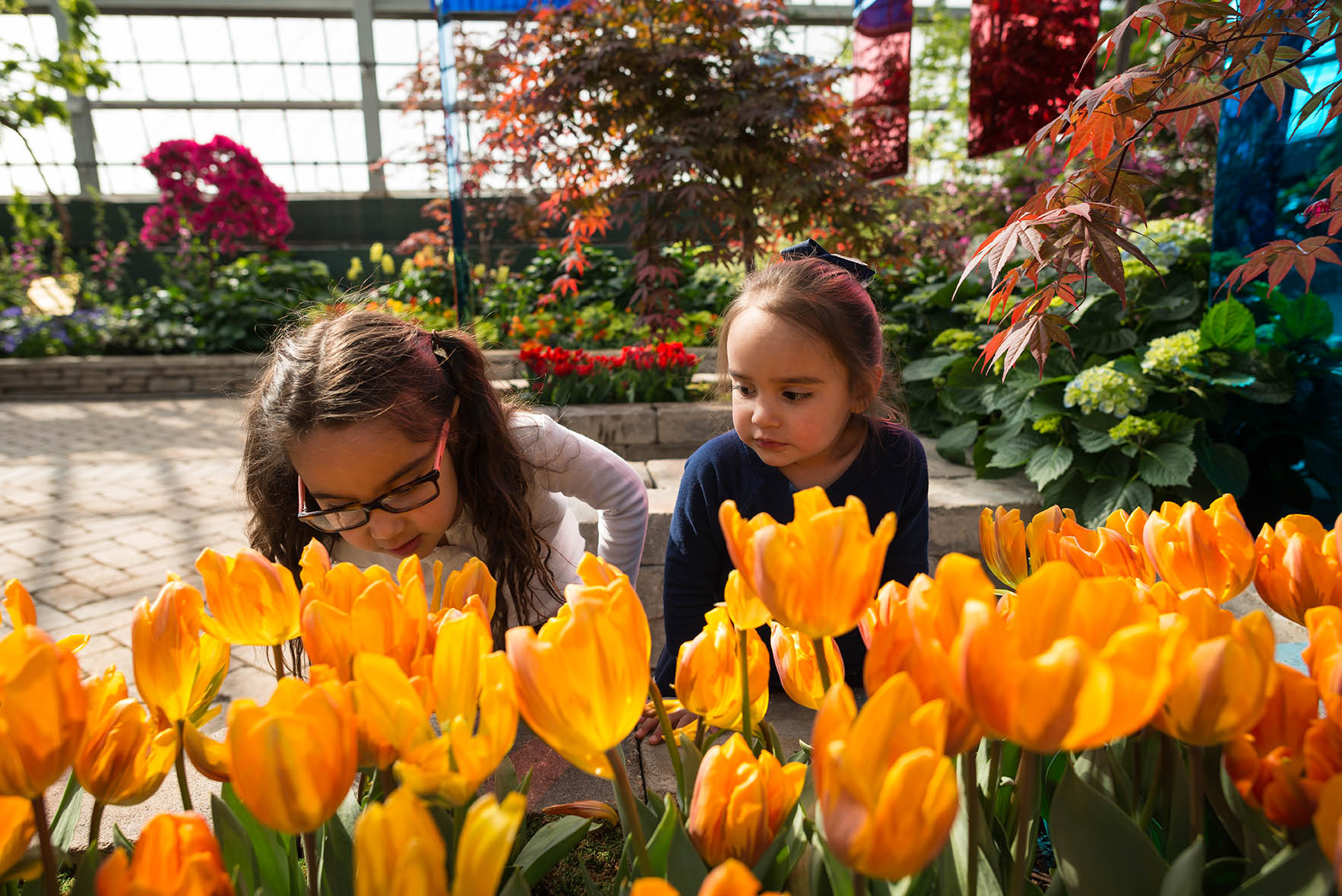 young girls smell flowers in conservatory